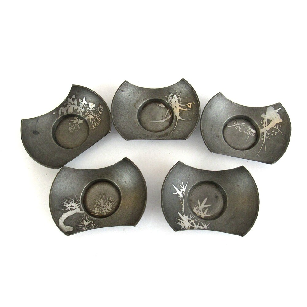Vintage Japanese Chataku Tin Pewter Tea Cup Tray Saucer Set of 5 Tea Ceremony